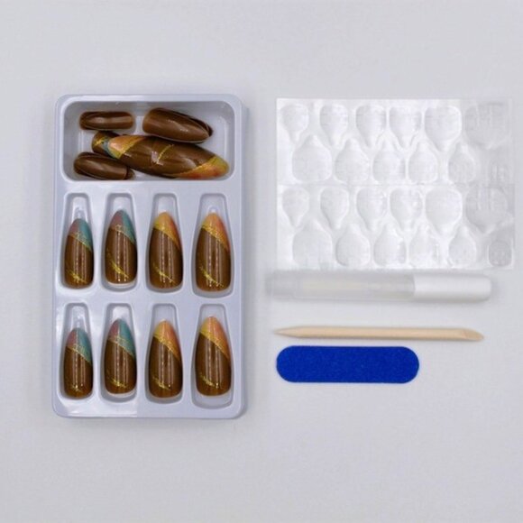 Fake nails Chocolate Brown Almond Press on Nails with Gold and Vibrant Tips - Picture 4 of 4